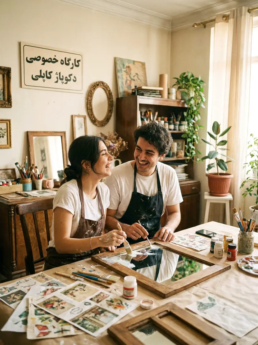 دکوپاژ روی آیینه چوبی دونفره