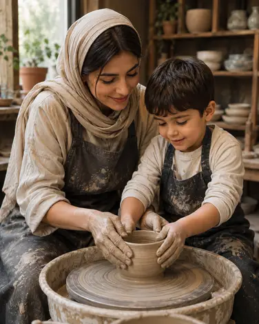 تجربه سفالگری با چرخ مادر و کودک (چارسرامیک)